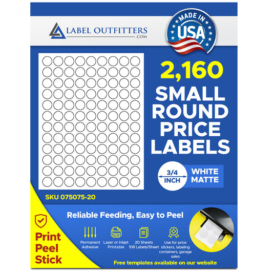 2,160 Very Small Round White Laser and Inkjet Printable Labels, Dots or Stickers, 0.75 inch Diameter 20 Sheets, 108 Labels per Sheet