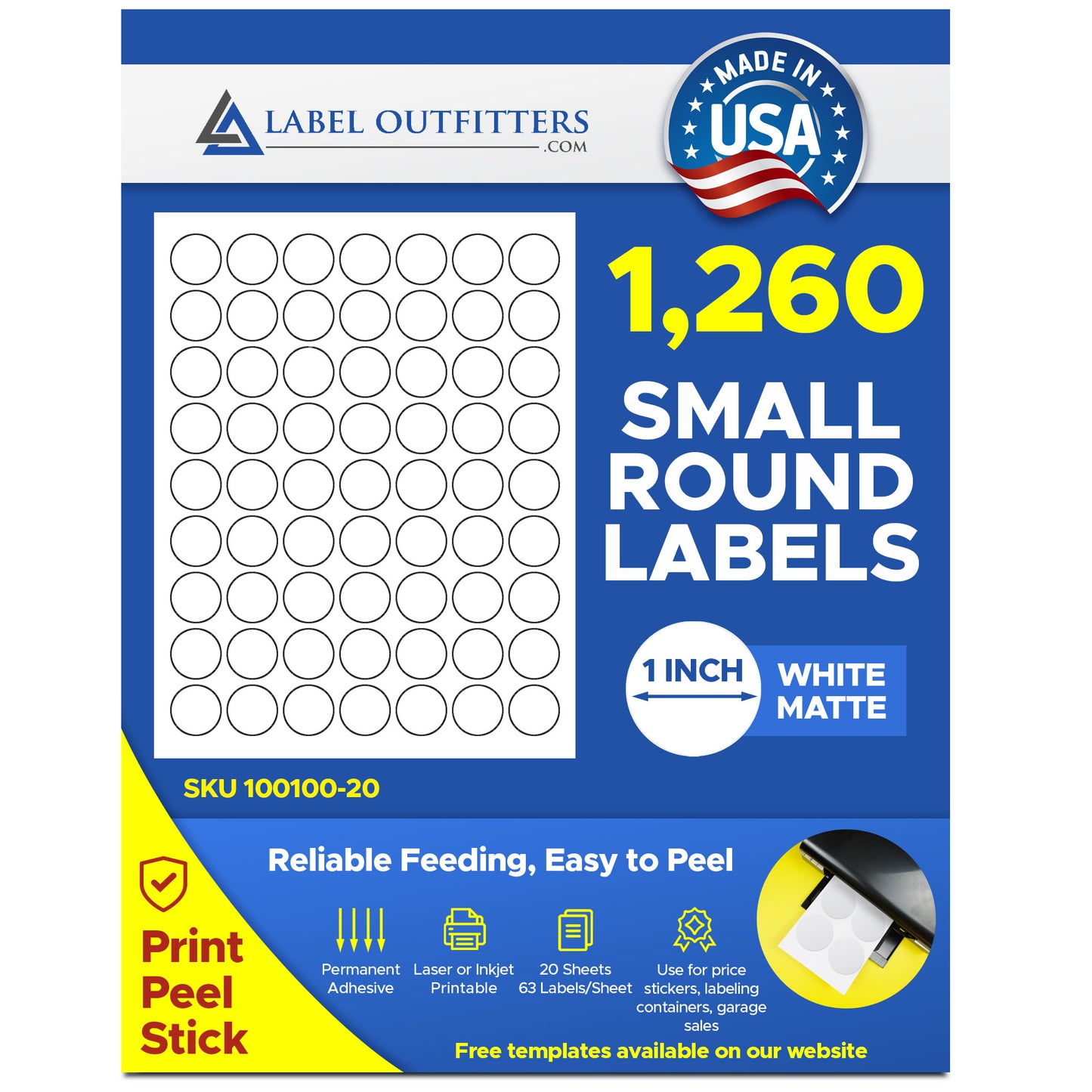 1,260 Small Blank Printable 1 inch Diameter Round White Inkjet and Laser Labels, Mailing Seals, Target Dots or Stickers, 20 Sheets