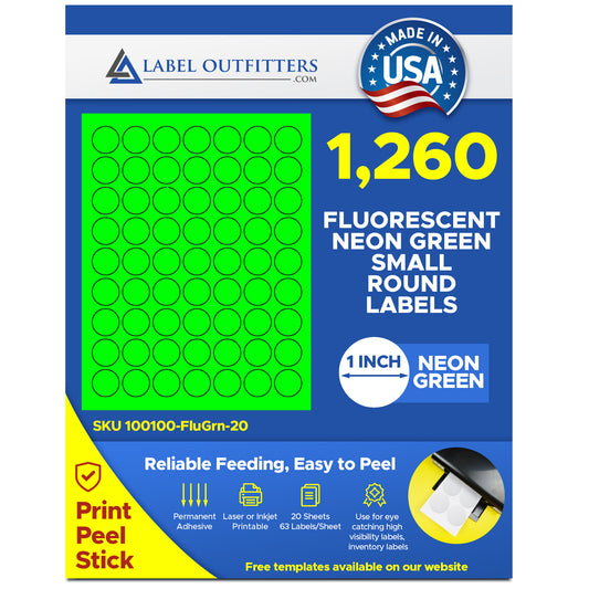1,260 Fluorescent Neon Green LASER ONLY one inch Diameter Round Stickers - Labels, 63 Labels per Sheet, 20 Sheets