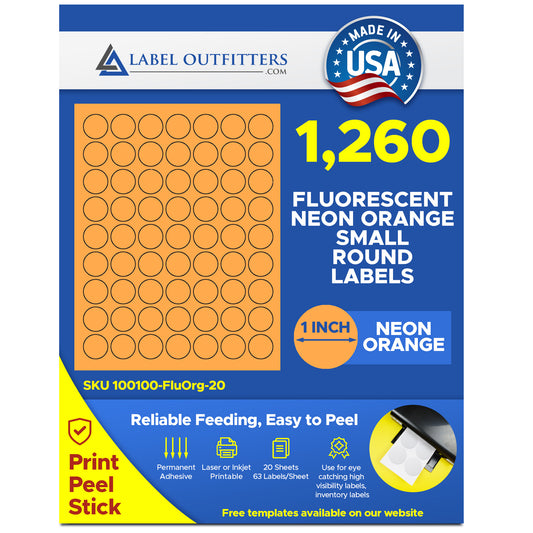 1,260 LASER ONLY Labels, 1 inch diameter Round Fluorescent Neon Orange Labels or Stickers, 63 per Sheet, 20 Sheets