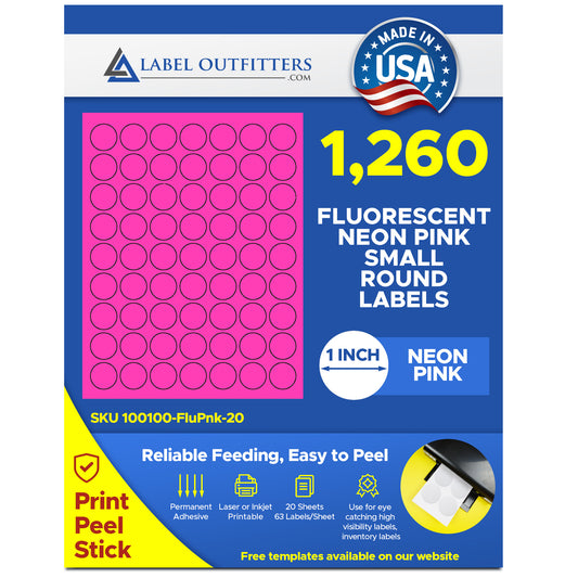 1,260 Fluorescent Hot Neon Pink LASER ONLY one inch Round - Circular Stickers or Labels, 63 per Sheet, 20 Sheets