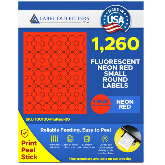 1,260 LASER ONLY Fluorescent Neon Red One inch Diameter Round Labels or Stickers, 63 per Sheet, 20 Sheets