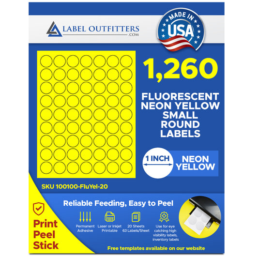 1,260 Neon Fluorescent LASER ONLY Yellow Round 1 inch Diameter Labels or Stickers, 63 per Sheet, 20 Sheets