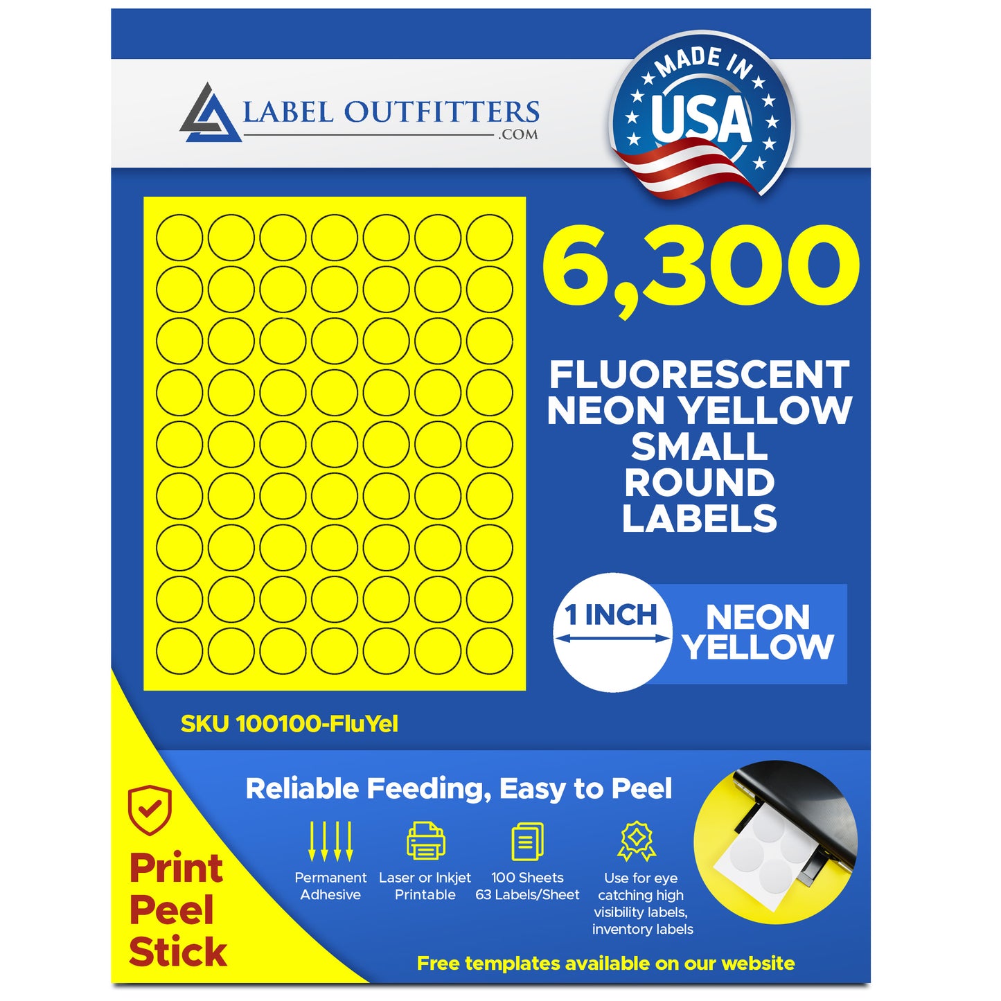 6,300 Fluorescent Yellow 1 inch Diameter Round LASER ONLY Labels, 63 Stickers per Sheet, 100 Sheets, 63 per Sheet,