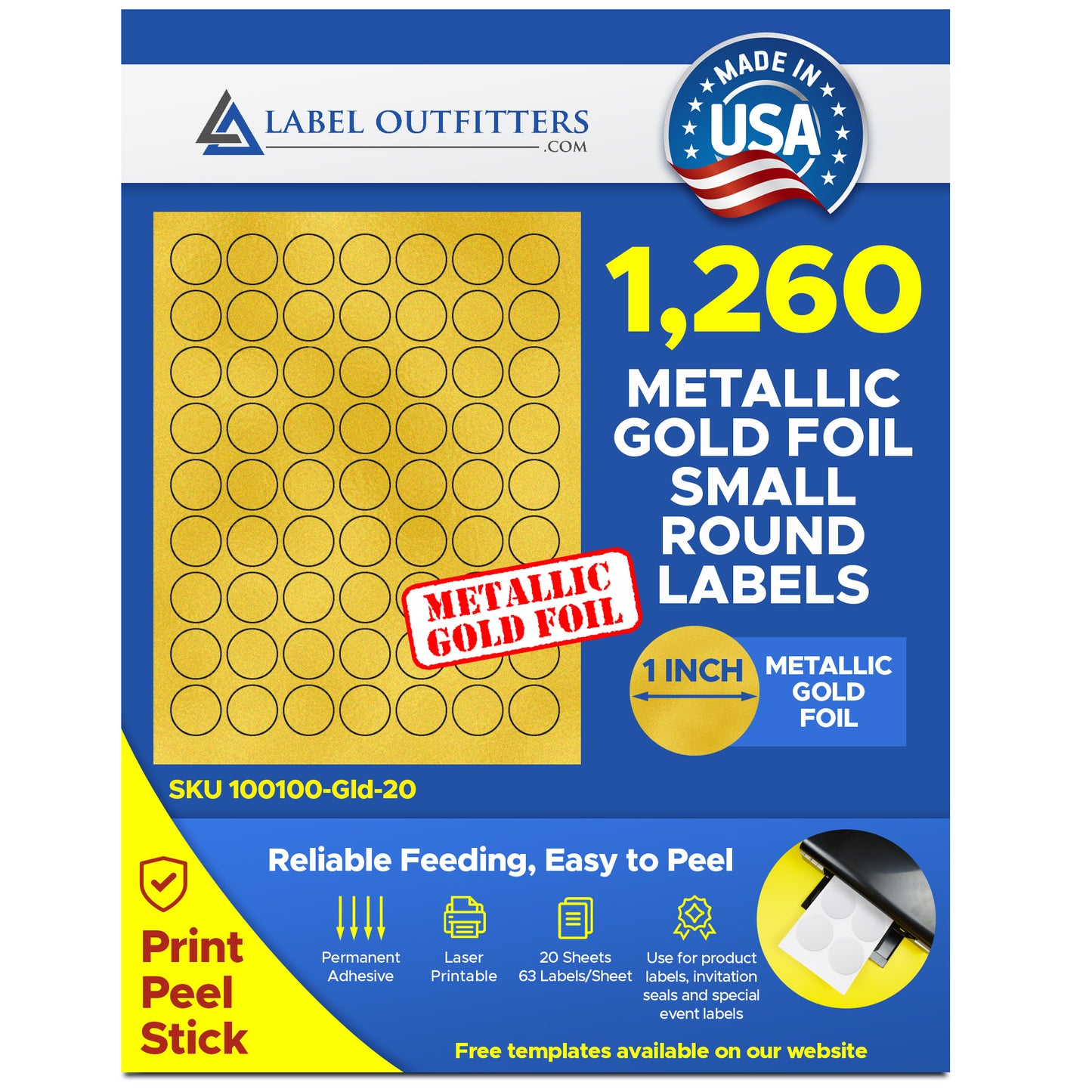 1,260 Gold Metallic Foil Small Round 1 inch Diameter Blank Laser Only Printable Labels or Stickers, 63 Labels per Sheet, 20 Sheets