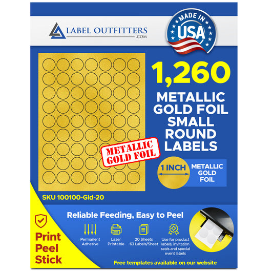 1,260 Gold Metallic Foil Small Round 1 inch Diameter Blank Laser Only Printable Labels or Stickers, 63 Labels per Sheet, 20 Sheets