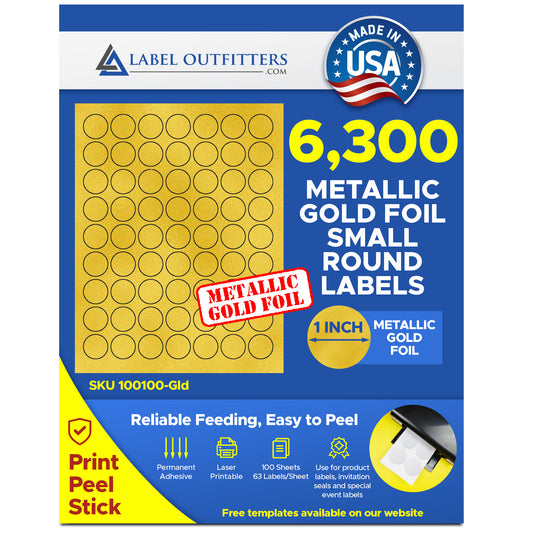 6,300 Small 1 Inch Diameter Gold Metallic Foil Laser Only Printable Round Labels or Stickers, 100 Sheets, 63 Labels per Sheet, 100 Sheets