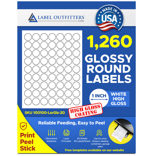 1,260 Round Glossy White Laser ONLY Labels, 1 inch Diameter, 63 per Sheet, 20 Sheets