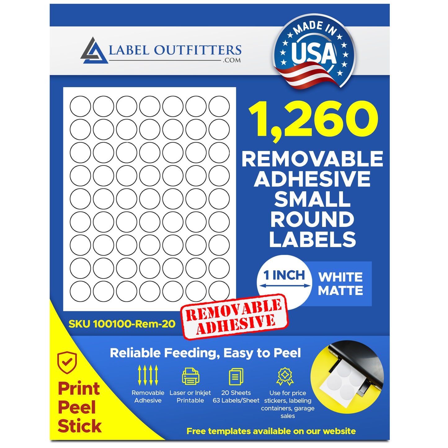 1,260 Removable Adhesive 1 inch Round White Matte Inkjet and Laser Labels, 20 Sheets
