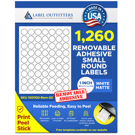 1,260  Removable Adhesive 1 inch Round White Matte Inkjet and Laser Labels, 20 Sheets