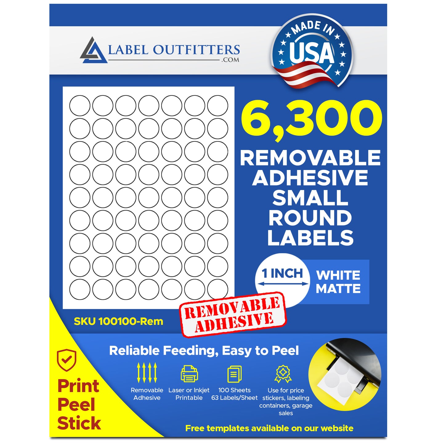 6,300 Round 1 inch Diameter Labels, use Uline® S-20176 Template White Matte Inkjet and Laser, Removable Adhesive , 100 Sheets