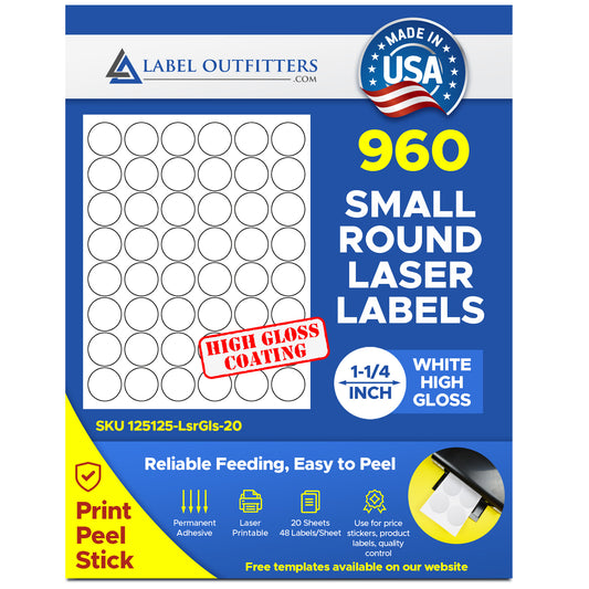 960 Round Labels 1-1/4 Diameter White Laser ONLY Glossy Labels - 20 Sheets