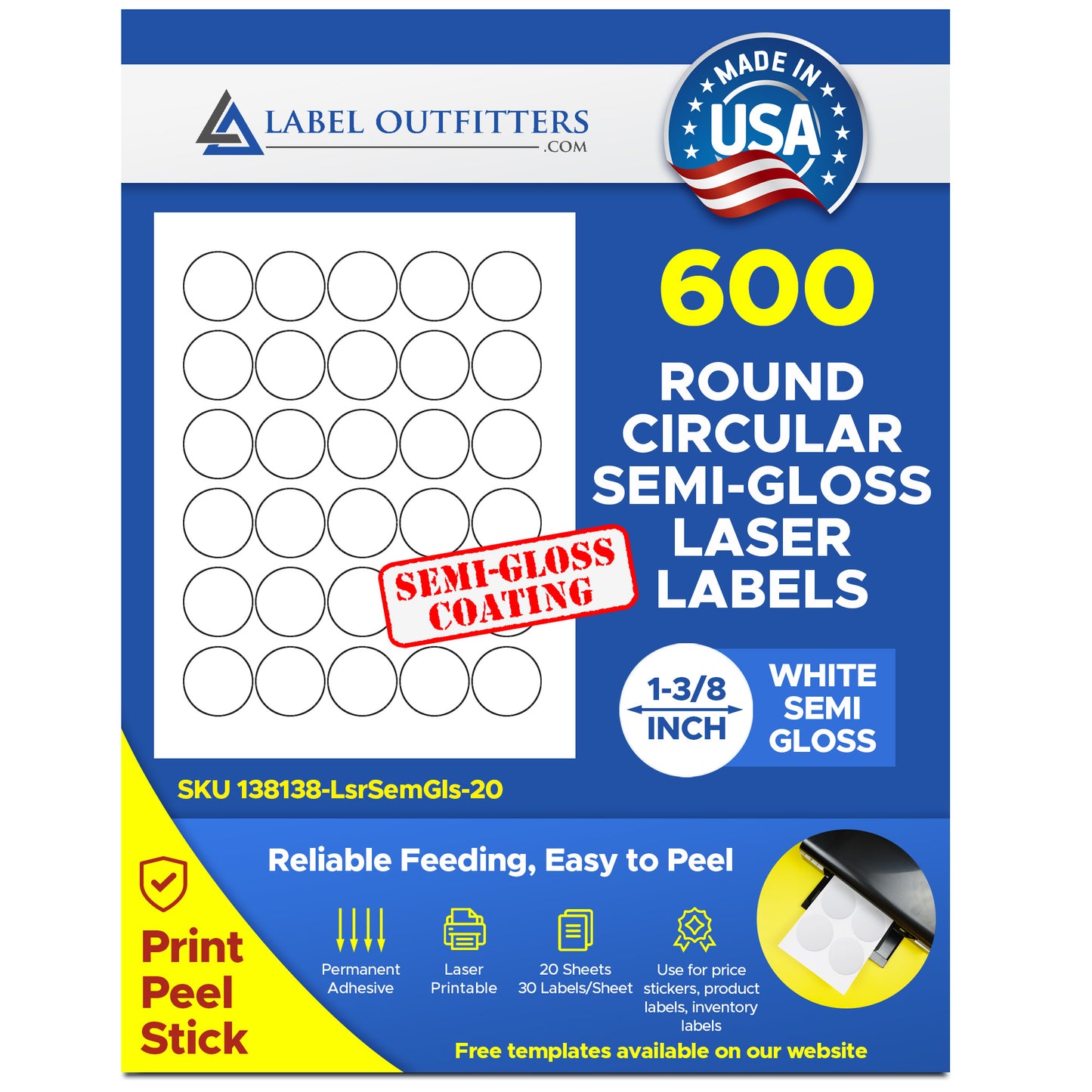 600 Laser Only Semi Gloss White Labels, 1-3/8 Round Stickers, 20 Sheets, 30 Labels per Sheet