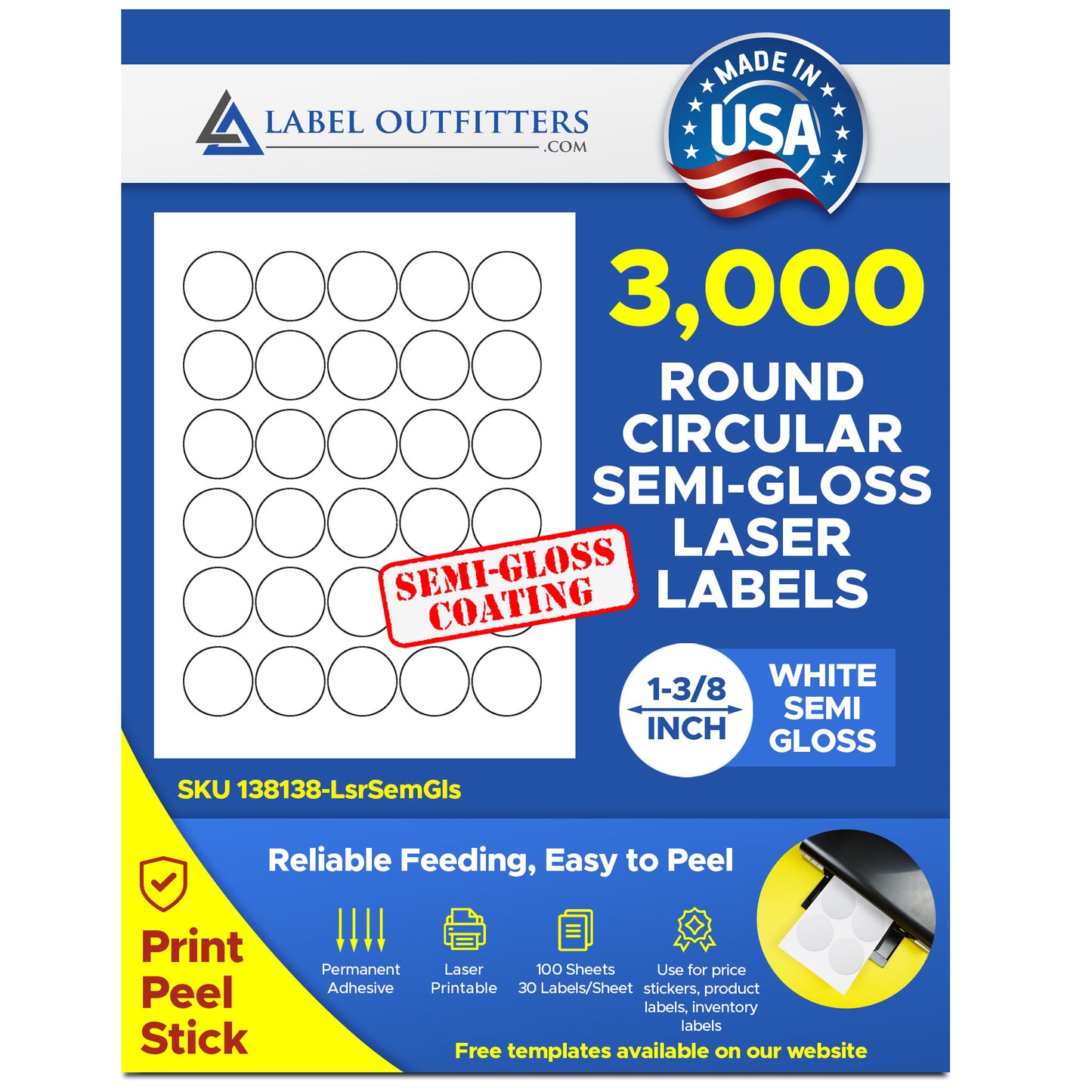 3,000 Laser Only Semi Gloss White Labels, 1-3/8" Round Stickers, 100 Sheets with 30 Labels per Sheet