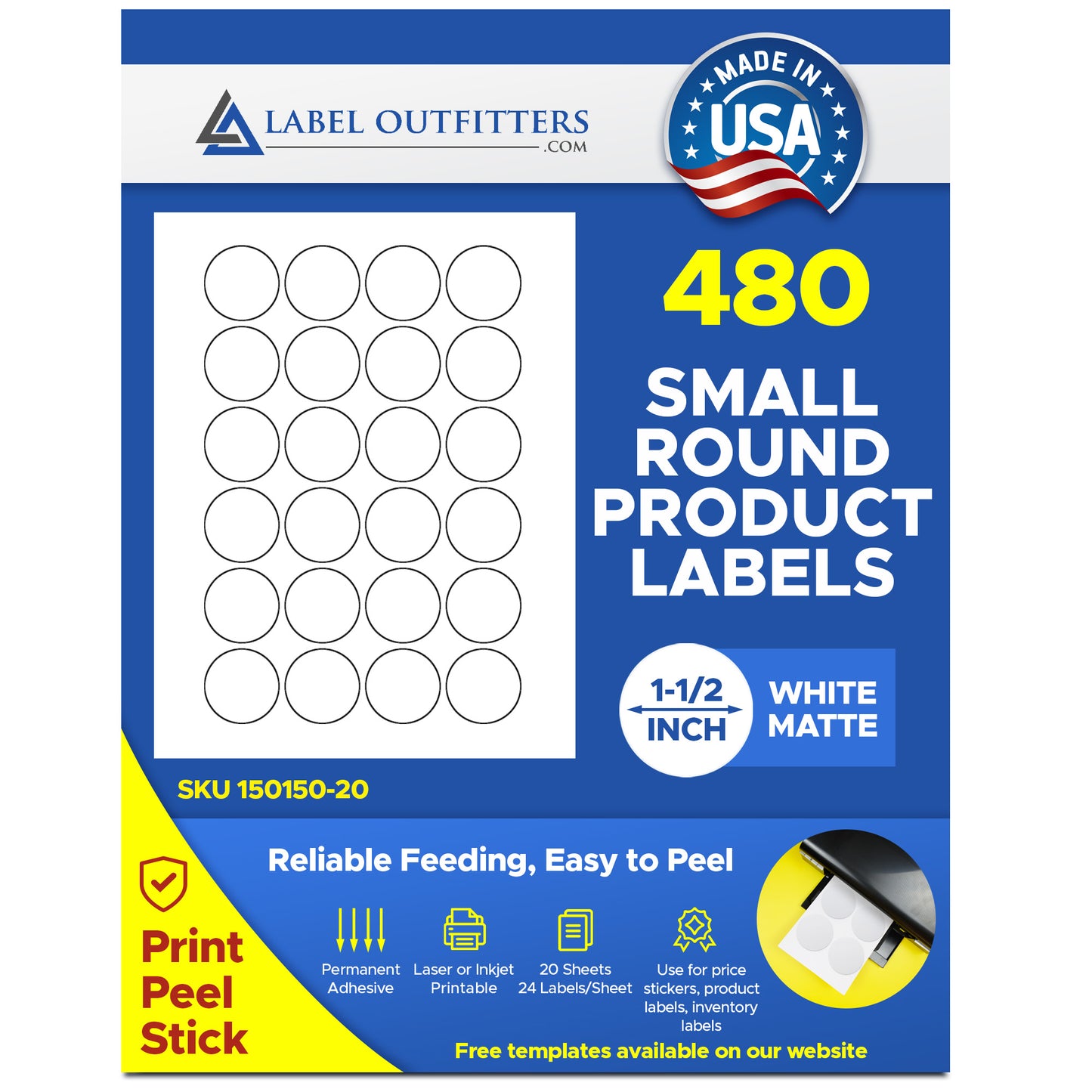 480 Round White Matte 1-1/2 inch Diameter Inkjet and Laser Labels - Stickers, 20 Sheets