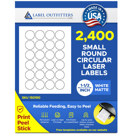 2,400 Circle or Round Labels 1-1/2 Diameter, White Matte Inkjet and Laser Stickers 100 Sheets, 24 Labels per Sheet
