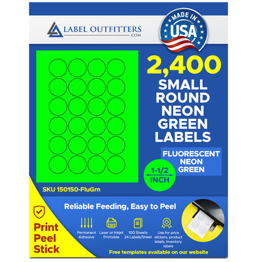 2,400 Fluorescent Neon Green Round Labels, 1.5 inch Diameter, 24 Labels per Sheet, 100 Sheets