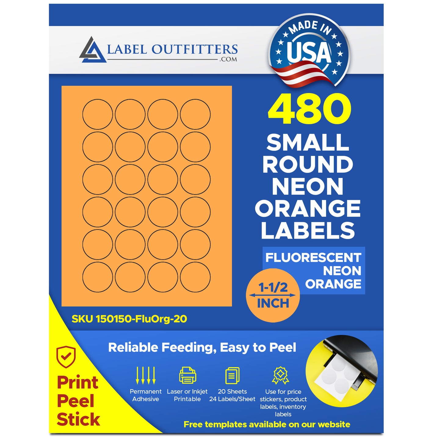 480 Fluorescent Neon Orange Round Laser ONLY Labels, 1-1/2 inch Diameter, 24 Labels per Sheet, 20 Sheets