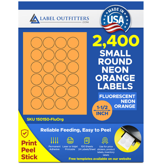 2,400 Fluorescent Neon Orange High Visibility Round Labels, 1-1/2 inch Diameter, 24 Labels per Sheet, 100 Sheets