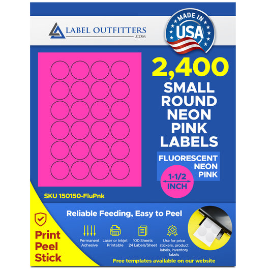 2,400 Fluorescent Neon Pink Round Labels - 1.5 inch Diameter, 24 Labels per Sheet, 100 Sheets