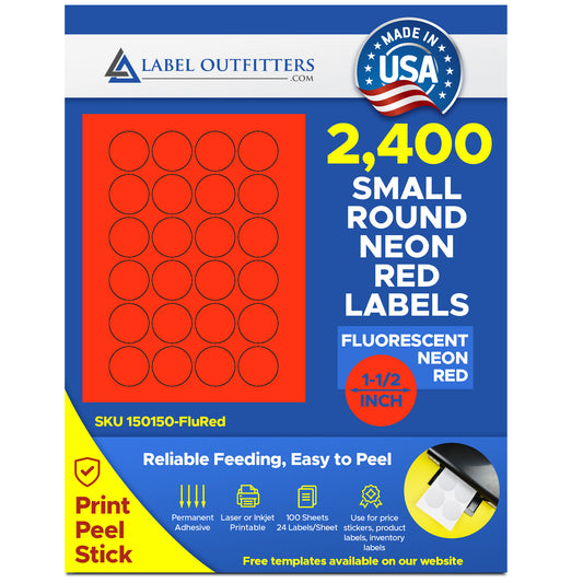 2,400 Fluorescent Neon Red Round Labels - 1.5" Diameter, 24 Labels per Sheet, 100 Sheets