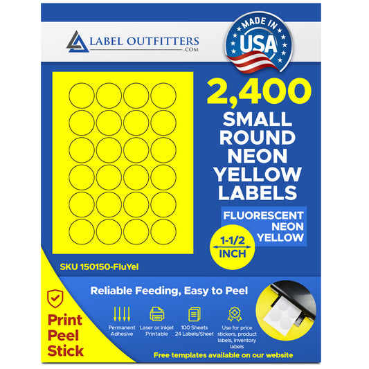 2,400 Fluorescent Neon Yellow Round Laser Only Labels - 1.5 inch Diameter - 100 Sheets