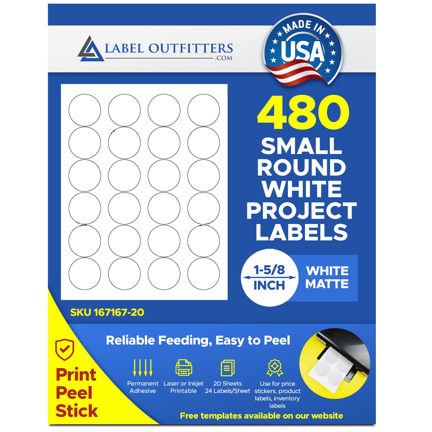 480 Round 1-5/8 Diameter White Matte Laser and Inkjet Labels or Stickers, use Avery® 5193, 5293 Template, 20 Sheets