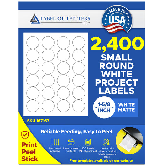 2,400 Round White Matte Labels 1-5/8 inch Diameter use Avery® 5193, 5293, Compulabel® 310307 Template Laser and Inkjet Printable Stickers, 100 Sheets