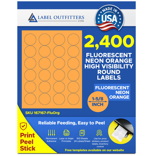 2,400 Round Fluorescent Neon Orange 1-5/8 inch Diameter Labels, 100 Sheets, 24 Labels per Sheet, use Avery® 5293 Template