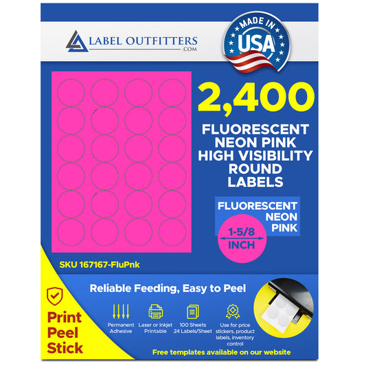 2,400 Fluorescent Pink Printable Labels 1-5/8 inch Diameter Round, 24 per Sheet, 100 Sheets use Avery® 5293 Template