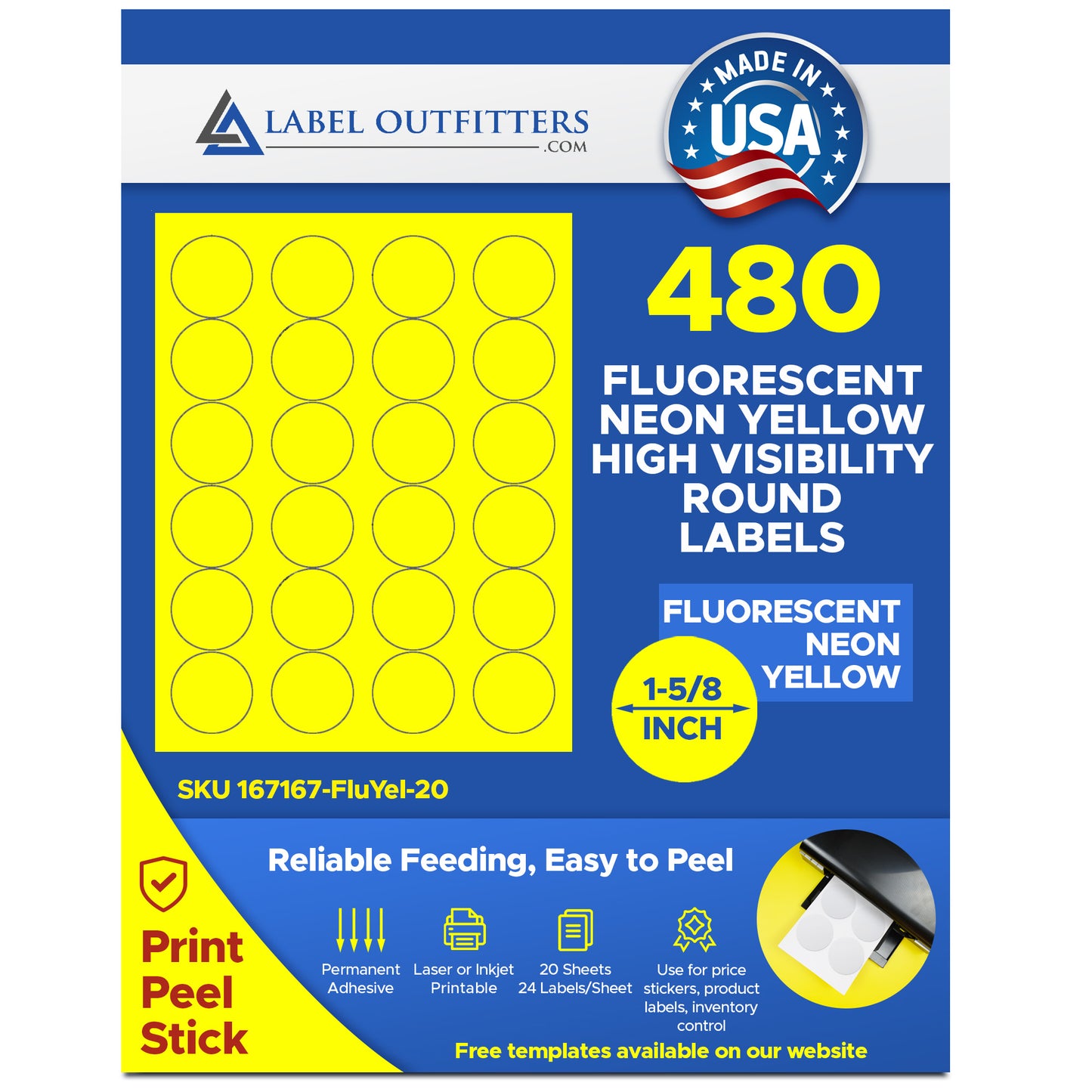 480 Fluorescent Neon Yellow Labels - 1-5/8 inch Diameter, 24 Labels per Sheet, 20 Sheets use Avery® 5293 Template