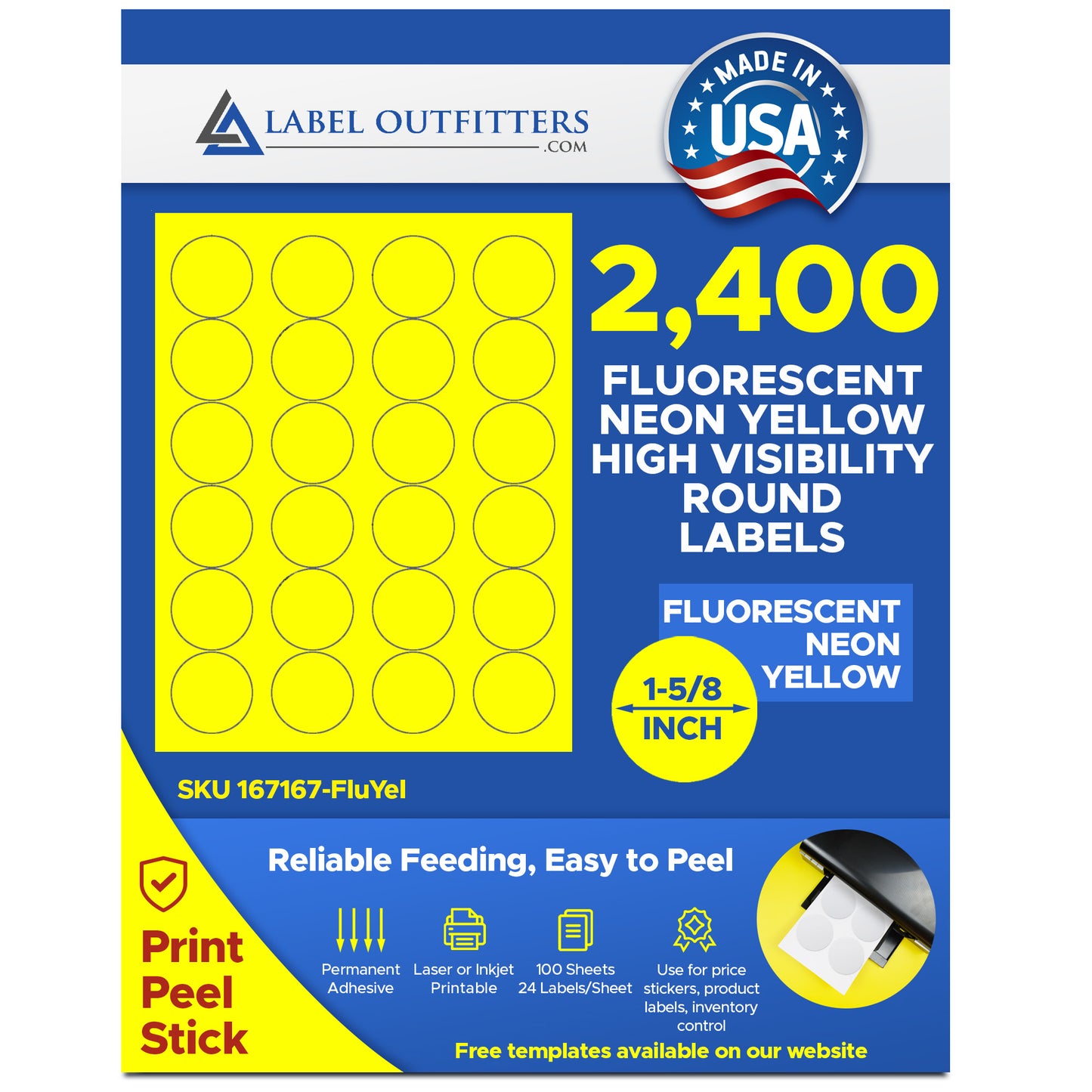 2,400 Fluorescent Yellow Labels, 1-5/8 Round, 24 Labels per Sheet,100 Sheets use Avery® 5293 Template