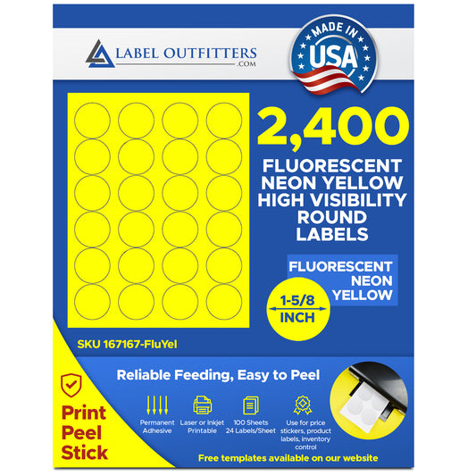 2,400 Fluorescent Yellow Labels, 1-5/8 Round, 24 Labels per Sheet,100 Sheets use Avery® 5293 Template