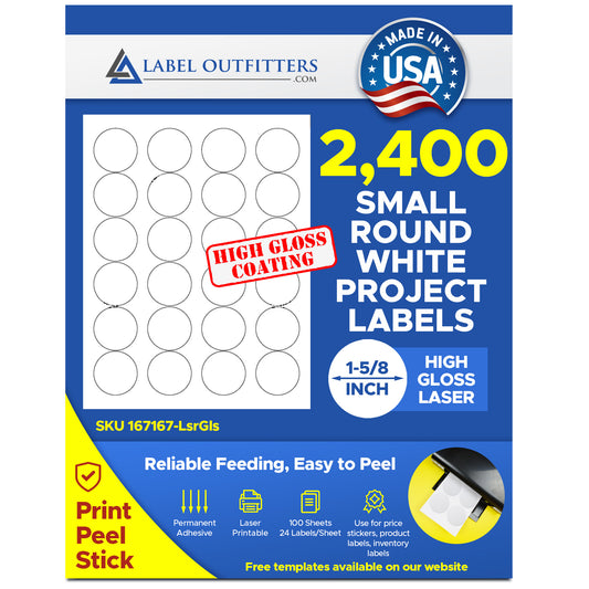 2,400 Round Labels 1-5/8 Diameter White Laser ONLY Glossy use Avery® 5293 Template
