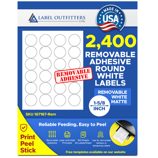 2,400 Round 1-5/8 Diameter Labels for Laser and Inkjet, 100 Sheets, Matte White Removable Adhesive use Avery® 5293 Template