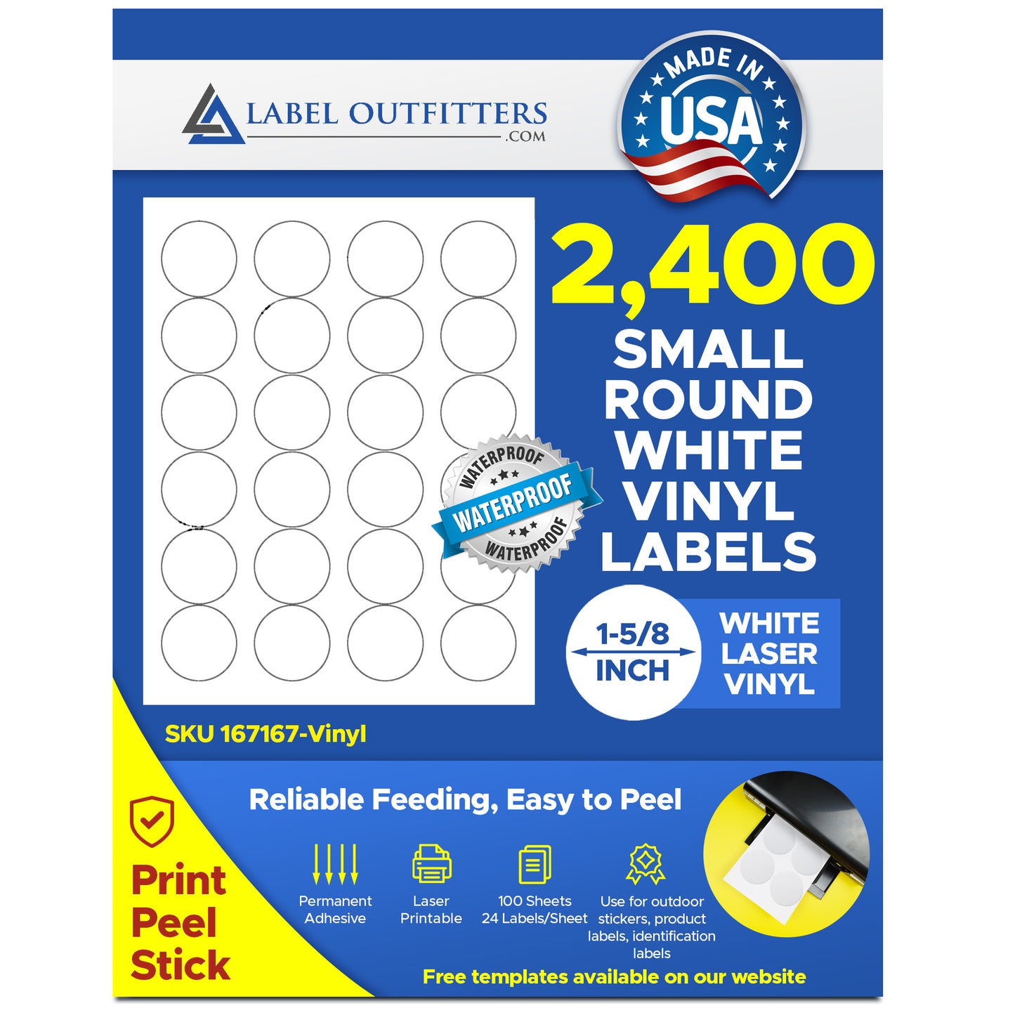 2,400 Vinyl WeatherProof - WaterProof Durable White Laser ONLY Round Labels, 1-5/8 inch Diameter, 24 Labels per Sheet Avery® 5293 Template - 100 Sheets