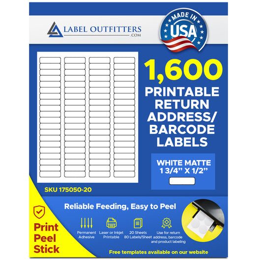 1,600 Label Outfitters® Blank Printable Return Address Labels, Laser and Inkjet Printable, 80 Labels per Sheet, 20 Sheets, use Avery® 5167 Template Made in the USA!