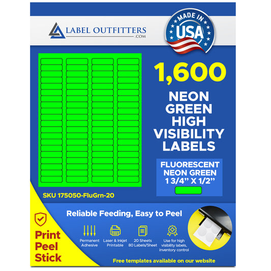 1,600 Fluorescent Green Labels,1.75 x 0.5, 20 Sheets with 80 Labels per Sheet, use Avery® 5267 Template Laser Printers Only