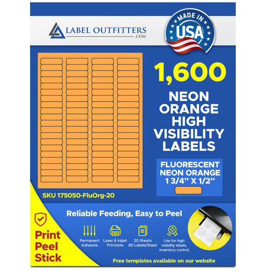 1,600 Fluorescent Neon Orange Laser Only Labels,1.75 x 0.5, 20 Sheets with 80 labels per sheet,  use Avery® 5267 Template