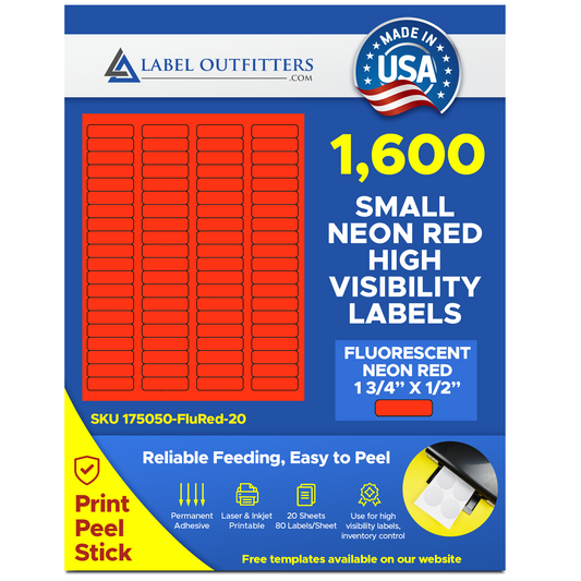 1,600 Fluorescent Neon Red Labels, 1-3/4  x 1/2, 20 Sheets with 80 Labels per Sheet use Avery® 5267 Template Laser Printers Only