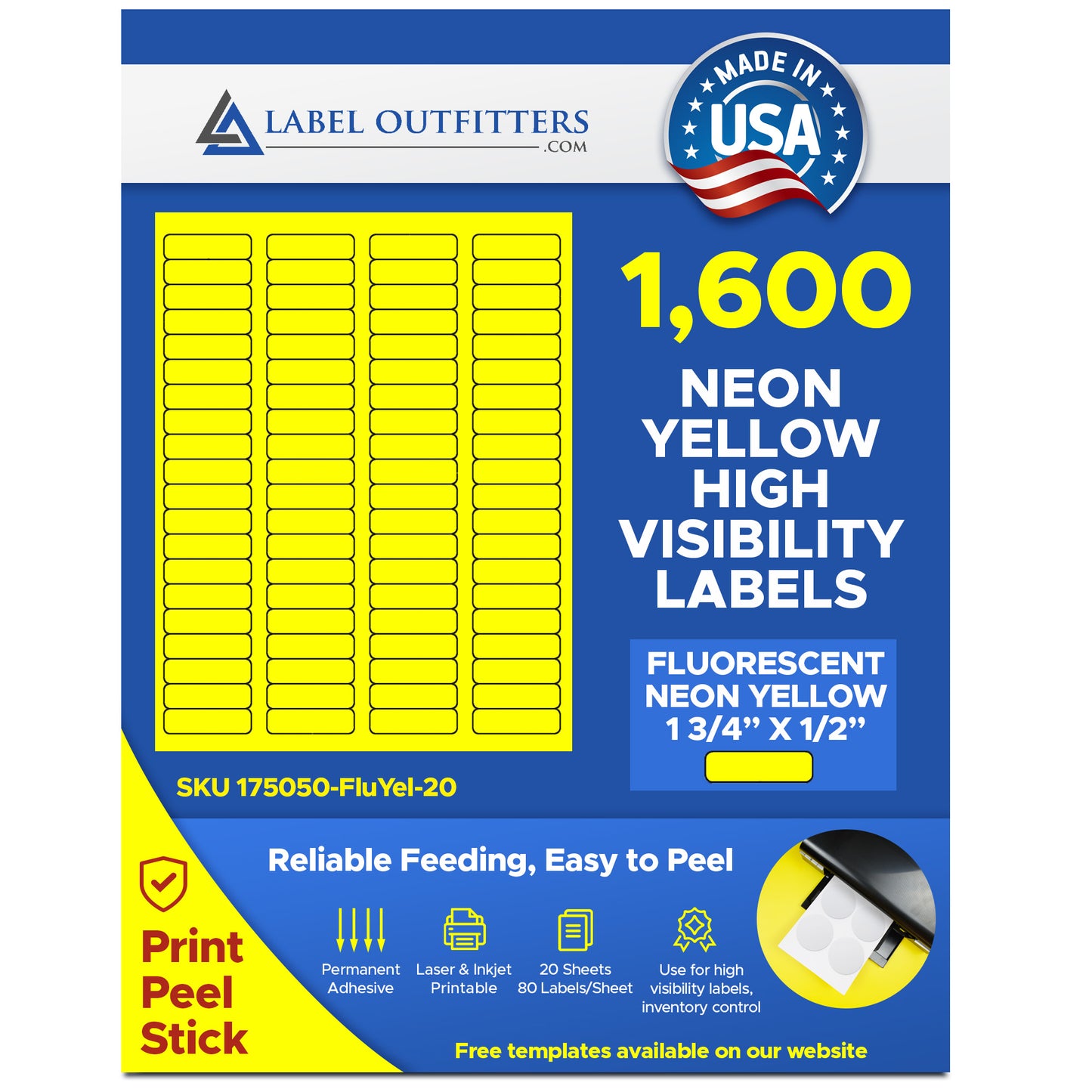 1,600 Fluorescent Neon Yellow Labels, 1.75 x 0.5, 20 Sheets with 80 Labels per Sheet, use Avery® 5267 Template Laser Printers Only