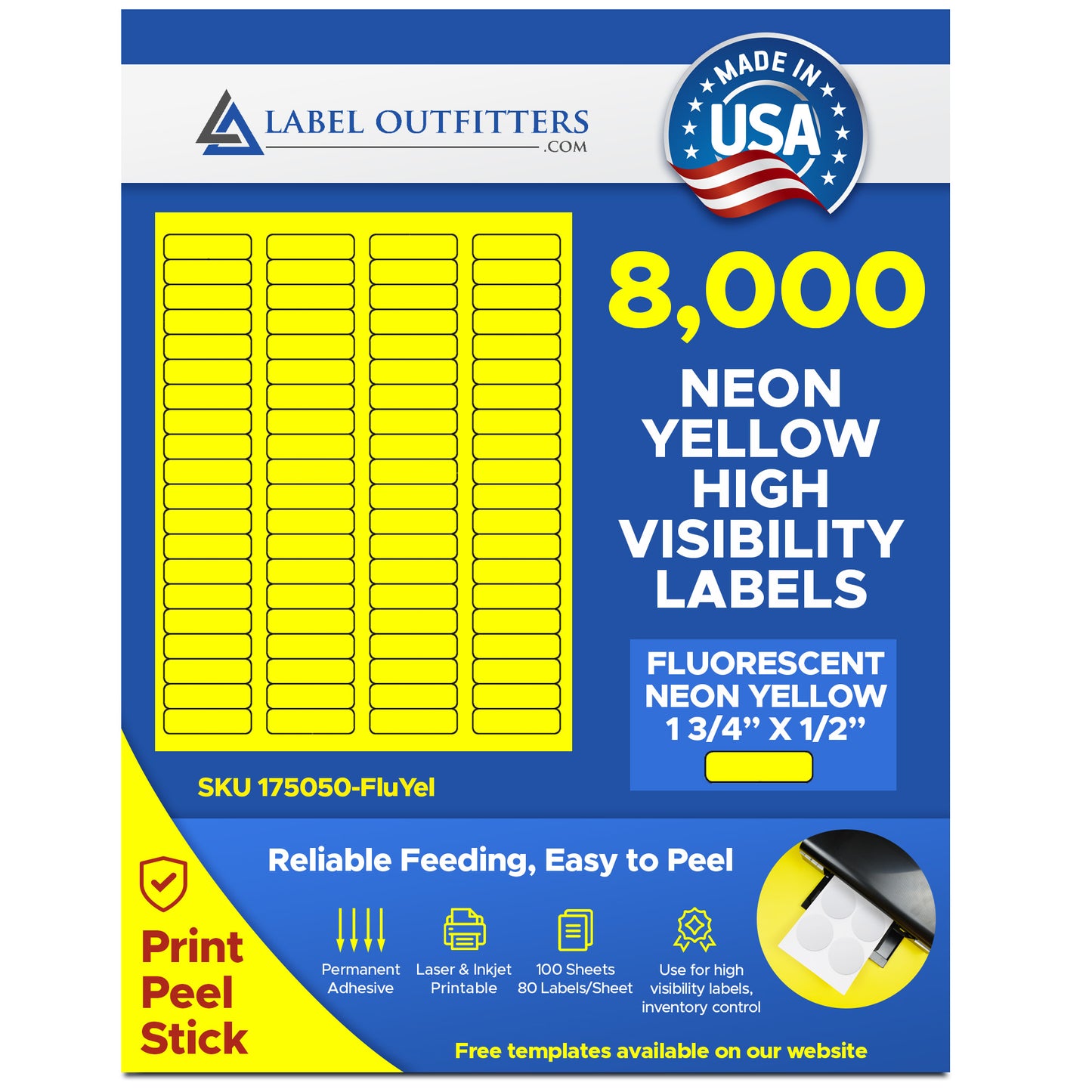 8,000 Fluorescent Yellow Laser Only Labels,1.75 x 0.5, 100 Sheets with 80 Labels per Sheet, use Avery® 5267 Template