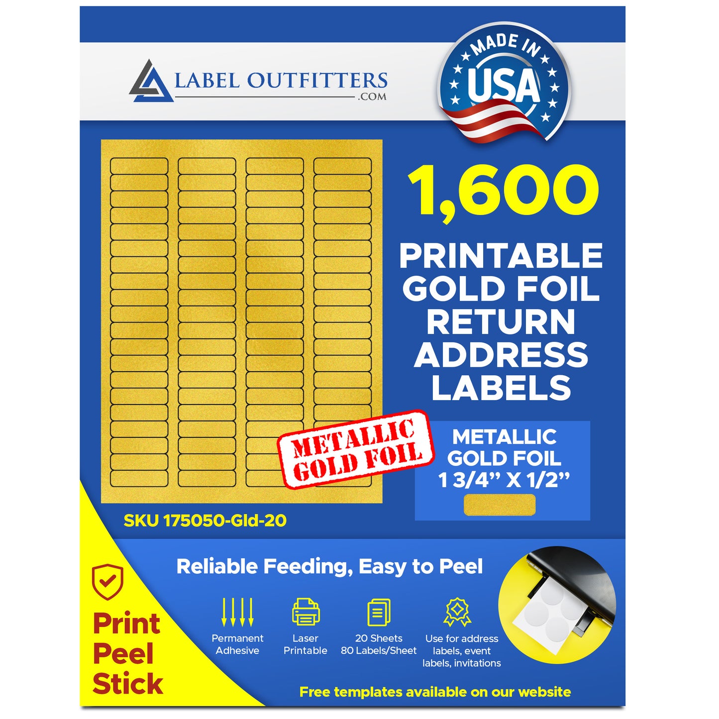 1,600 Gold Metallic Glossy Foil Label Outfitters® 1.75 x 0.5 inches Laser ONLY Printer Labels, 80 Labels per Sheet, 20 Sheets