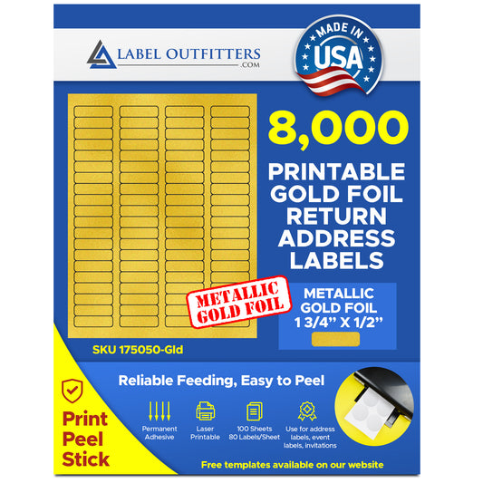 8,000 Gold Metallic Foil Glossy Laser ONLY Labels 1-3/4 x 1/2 inch, 100 Sheets use Avery® 5167 template, 80 Labels per Sheet