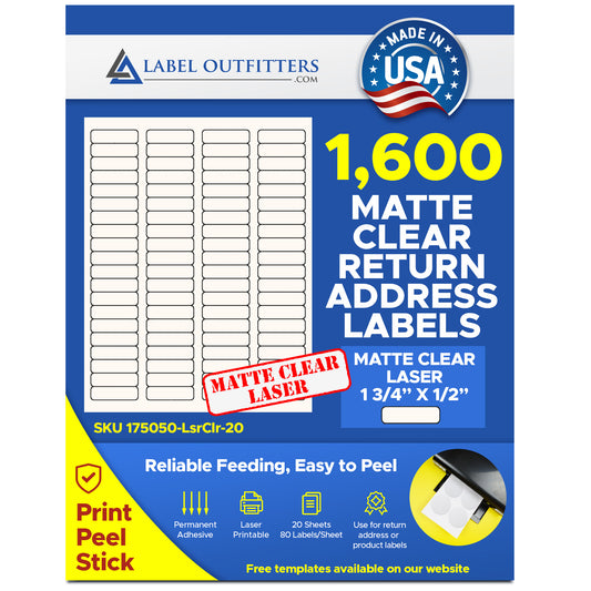1,600 Laser Matte Clear Return Address Labels, 1.75 x 0.5 inches, use Avery® 5167 Template, 80 Labels per Sheet, 20 Sheets
