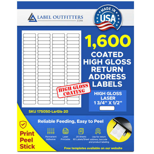1,600 White Laser ONLY Glossy Return Address Labels, 1-3/4" x 1/2", 80 per Sheet, 20 Sheets use Avery® 5167 Template