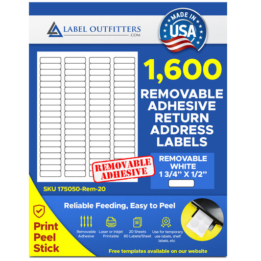 1,600 Laser and Inkjet White Matte Labels, Removable Adhesive 1.75 x 0.5 with 80 Labels per Sheet, 20 Sheets, Avery®  5267 Template
