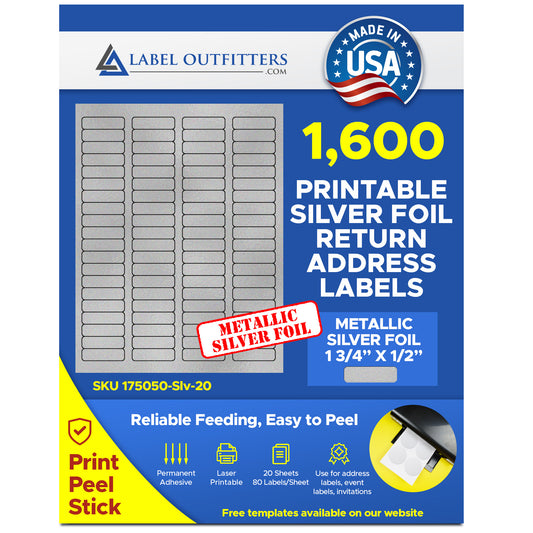 1,600 Labels 1-3/4 x 1/2 inch Glossy Silver Metallic Foil Laser ONLY use Avery® 5167, 5267 template, 80 Labels per Sheet, 20 Sheets