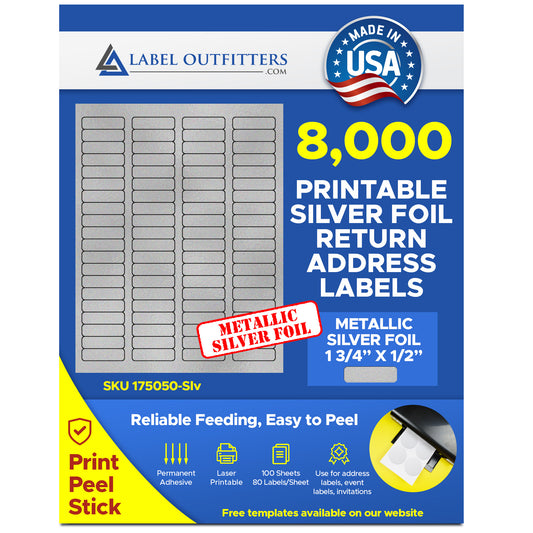 8,000 Labels, 1.75" x 0.5" Silver Metallic Foil Gloss Laser ONLY, 100 Sheets use Avery® 5167 Template, 80 Labels per Sheet