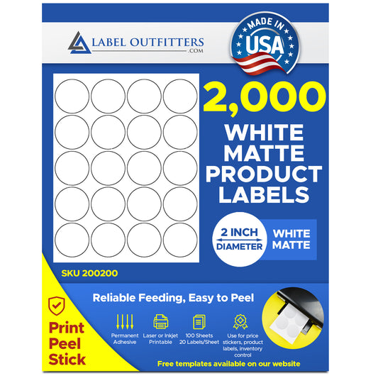 2,000 Round White 2 inch Diameter Laser and Inkjet Printable Labels, 20 Stickers per Sheet 100 Sheets